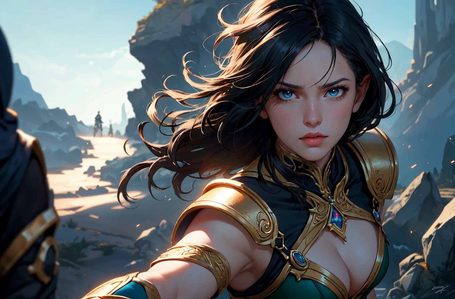 ((masterpiece)),(best quality), ((mature)) beautiful 1woman elf ranger, ((cinematic)), dynamic:1.2, intricate ((closed realistic)) armor, particles:1.2, (pastel:1.2), (black hair), (intricate cinematic background:1.2), (depth of field), (emotional face), fantasy, thriller, (Action movie), amazing, Powerful, Mysterious, ((dramatic scene from movie))