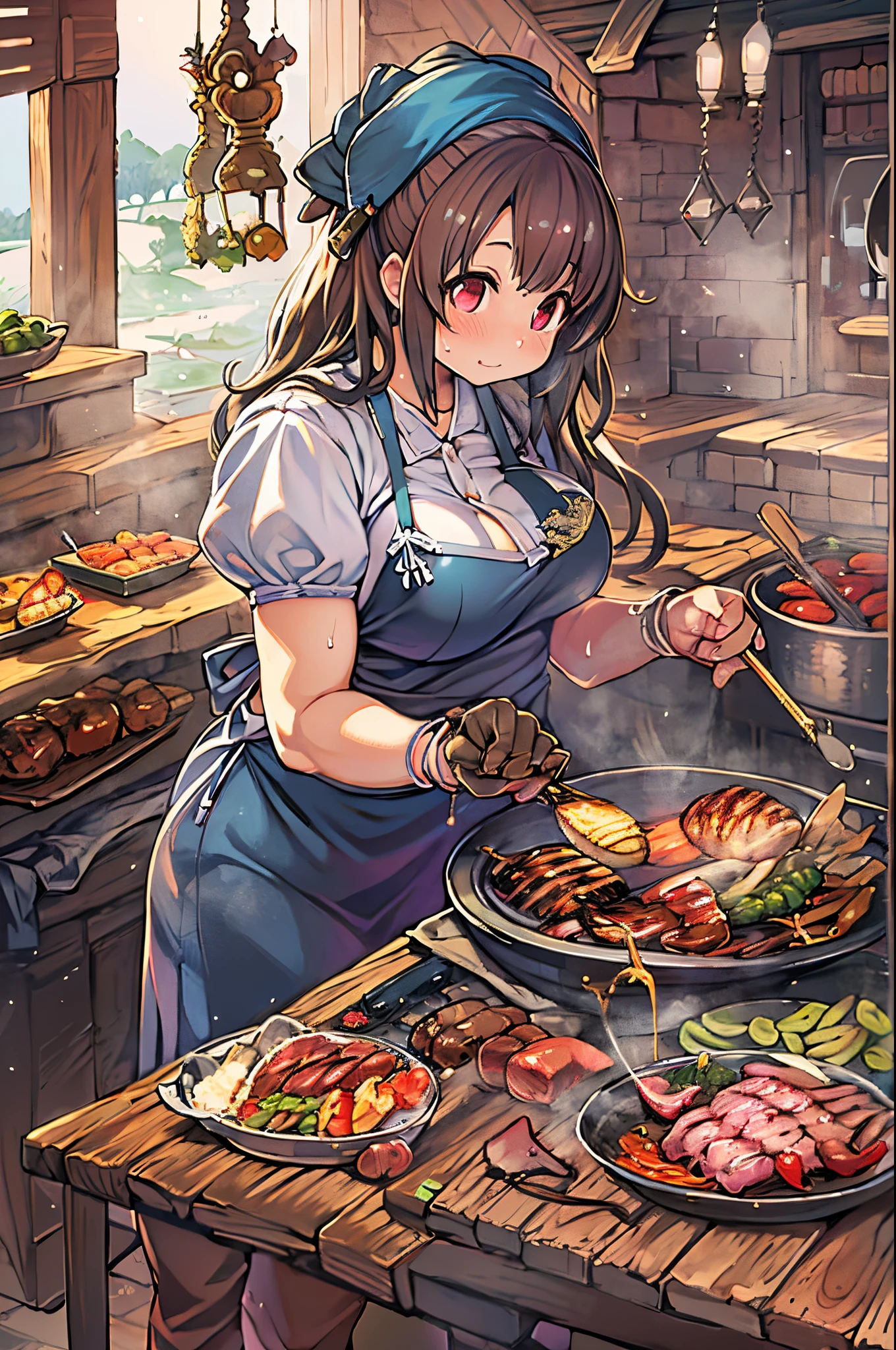WRC style, Woman, lewd pose, The appearance of a seductive appearance, Apron, kitchin, medieval setting、bbw、grill yakiniku、Grilling meat、Flesh