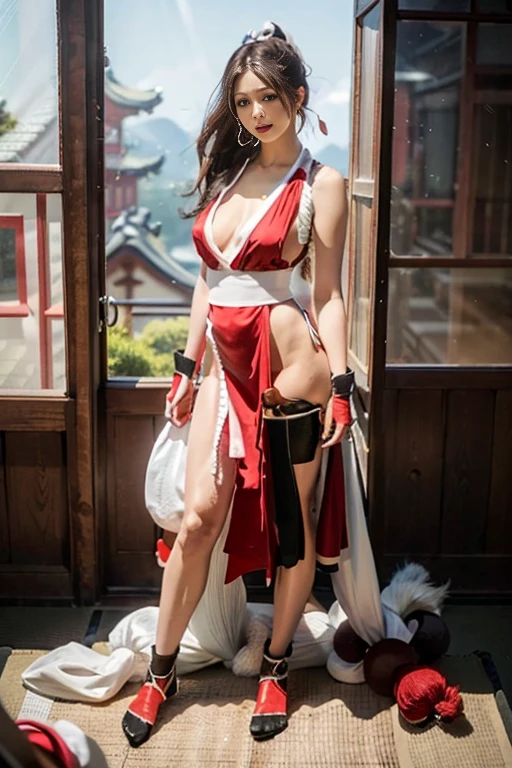mai shiranui, Brown eyes, (Full body portrait:1.4), Full body, (skinny), Prestige, Long hair, Brown hair, White ribbon, Sleeveless, poneyTail, sash, pelvis curtain, arm guards, mitts, (tabi:1.4), fascinated expression, Sexy eyes, medium breasts, Smile, Cute, view the viewer, Long hair, Close to Japan temple, (breasts focus:1.2), (Realistic:1.2), (Full Shot: 1.2), (Realism), (masutepiece:1.2), (Best Quality), (ultra-detailliert), (8K, 4K, Convoluted), (85 mm), light Particle, Lighting, (Highly detailed:1.2), (Detailed face:1.2), (gradients), SFV, Colorful, (Detailed eyes:1.2), (Detailed temples of Japan: 1.2),(Detailed background), (Dynamic Angle:1.2), (Dynamic Pose:1.2), (Line of action:1.2), Wide Shot, Daylight, Solo.