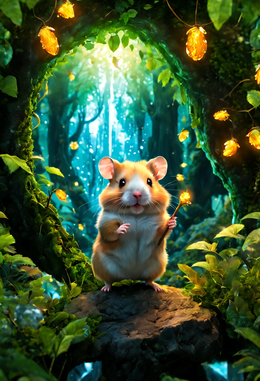 (a Hamster explorer, adventurer:1.4), Fantastic snow and ice jungle, ice witch, Colorful ice magic, Glowing Elves, Natural elements in the forest theme, Colorful snow and ice jungle, Epic fantasy art style, Delicate leaves and branches are surrounded by fireflies(nature elements), (Jungle theme), (leafs), (tree branch), (glowworm), (particle effect)and other 3D, Octagon rendering, ray traycing, Super meticulous, Depicting the harmony between man and nature, intricate, anime screencap, scenery, (best quality, masterpiece, Representative work, official art, Professional, unity 8k wallpaper:1.3)