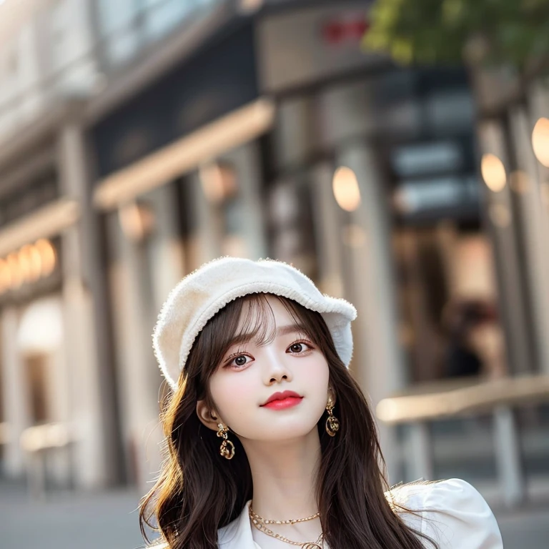 Top Quality, Realistic, 8K, Solo, Smile, Masterpiece, One Girl, Bokeh, Depth of Field, Professional Lighting, High Resolution, Gorgeous, Bangs, Lens Flare, Cute, Photorealistic : 1.37, Earrings, RAW Photography, Absurdity, Watching Viewer, Skindentation, Female, Full Body, Masterpiece: 1.2, Portrait: 0.6, Necklace, pureerosface_v1,　skinny, dynamic pose, mole, floating hair, lips