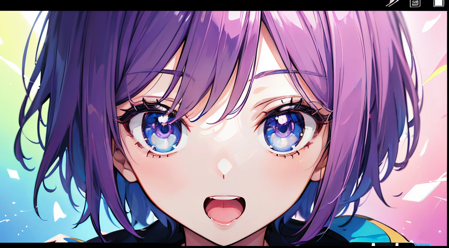 ((masuter piece,8k wallpaper,best qualtiy,girl with1a person)),Brilliant,(Best Quality), (Open your mouth and be overjoyed:1.2), (Illustration:0.8), (Beautiful detailed eyes:1.6), extra detailed face,animesque,animated painting,anime screen cap. (Purple hair)、(short-hair)、Song Festival