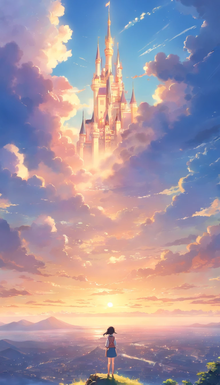 The castle floats in the sky，No Human, No one，​​clouds，Looking up from the valley，bright，vale，cheerful，Warm and soft lighting，the sunset，（spark of light：0.7）， tmasterpiece，Best quality，cinematic Film still from，