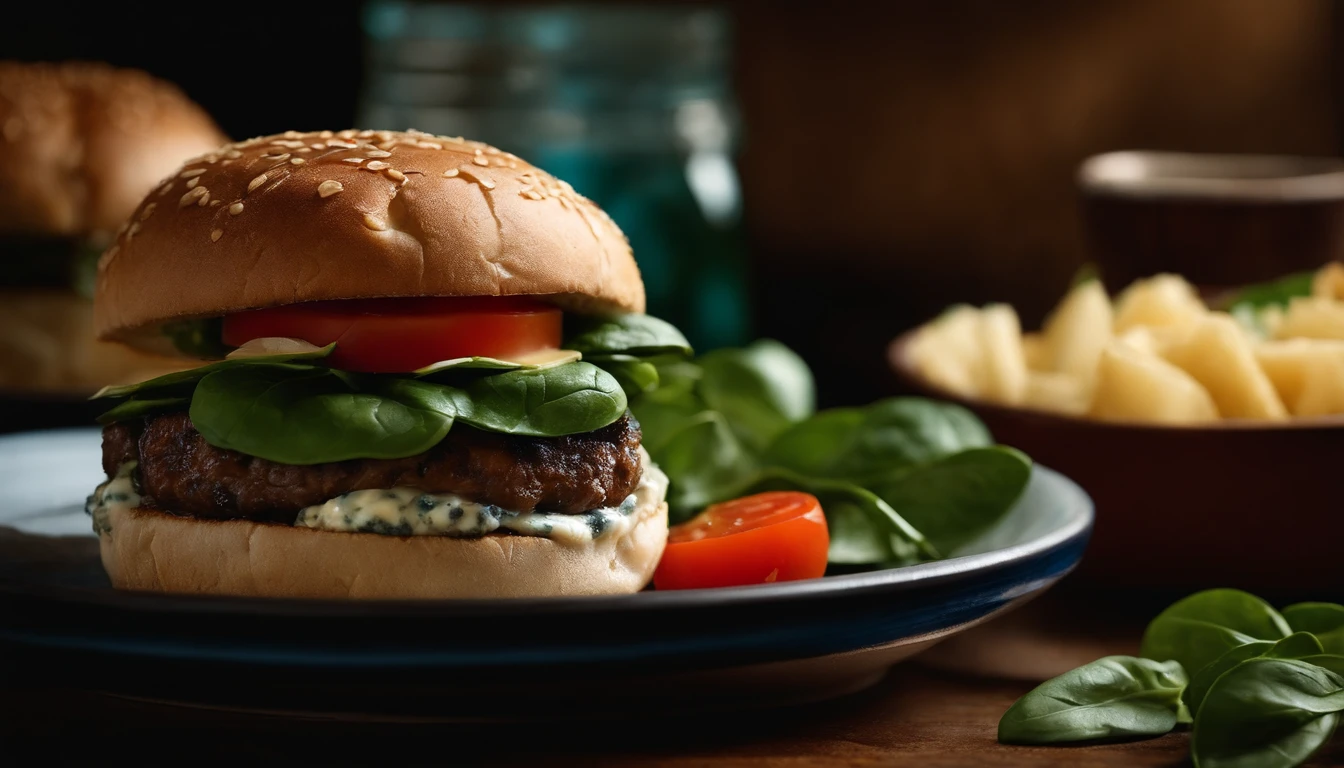 A close-up shot of a cheeseburger with a perfectly melted slice of blue cheese, enhancing the flavor of a juicy lamb patty, accentuated by a handful of fresh baby spinach, caramelized onions, tomato slices, and a smear of tangy Dijon mustard, snugly nestled between a toasted whole wheat bun.