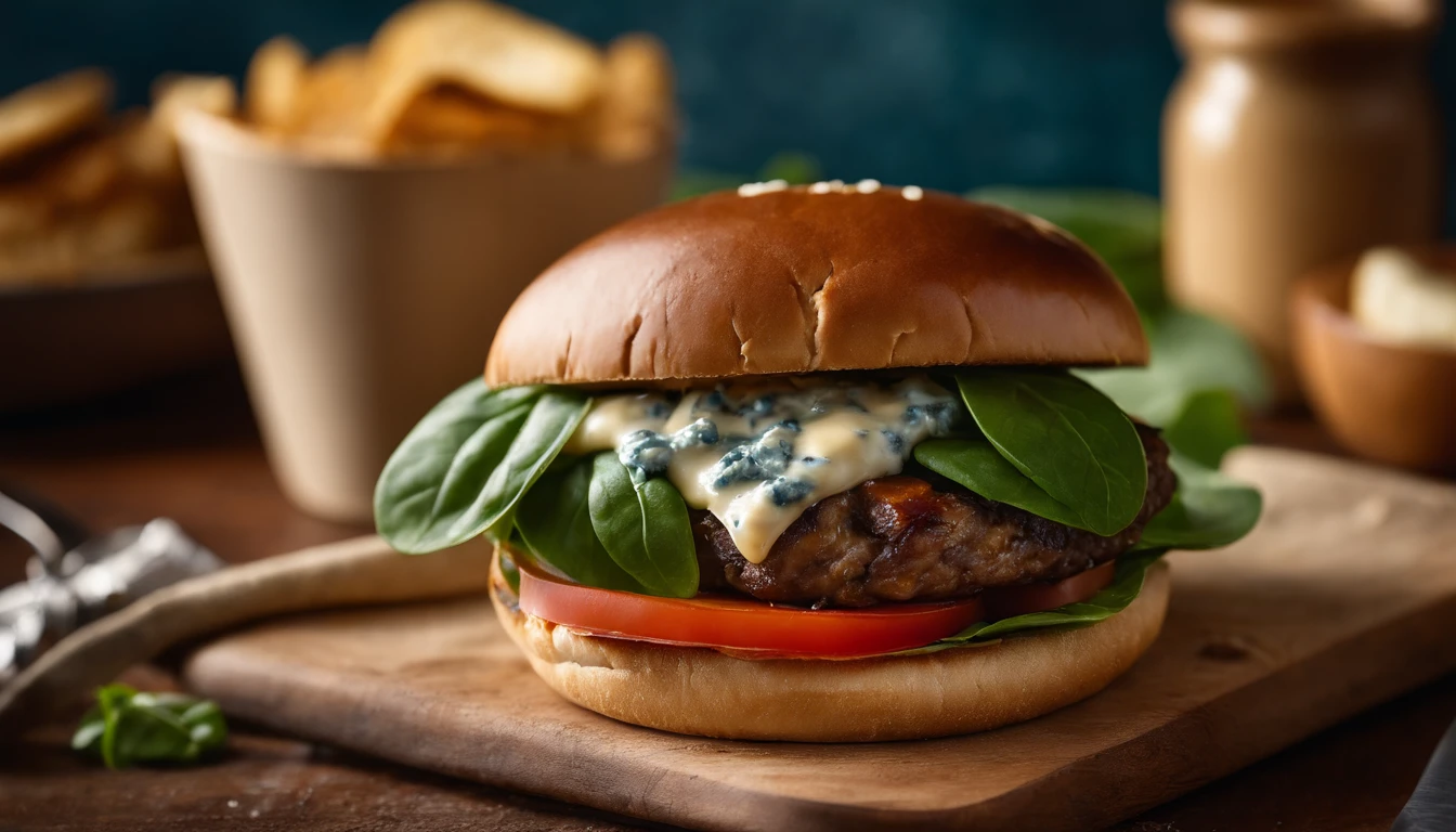 A close-up shot of a cheeseburger with a perfectly melted slice of blue cheese, enhancing the flavor of a juicy lamb patty, accentuated by a handful of fresh baby spinach, caramelized onions, tomato slices, and a smear of tangy Dijon mustard, snugly nestled between a toasted whole wheat bun.