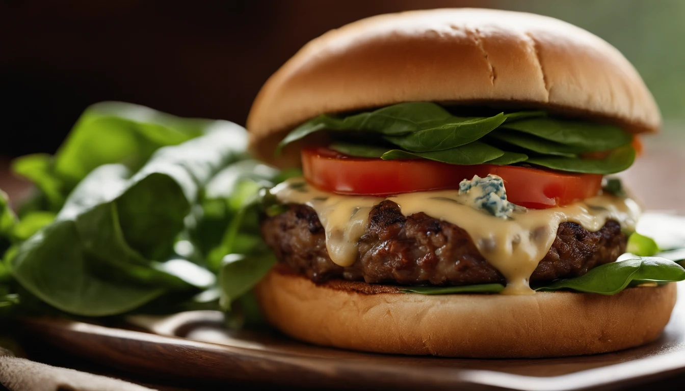 A close-up shot of a cheeseburger with a perfectly melted slice of blue cheese, enhancing the flavor of a juicy lamb patty, accentuated by a handful of fresh baby spinach, caramelized onions, tomato slices, and a smear of tangy Dijon mustard, snugly nestled between a toasted whole wheat bun.