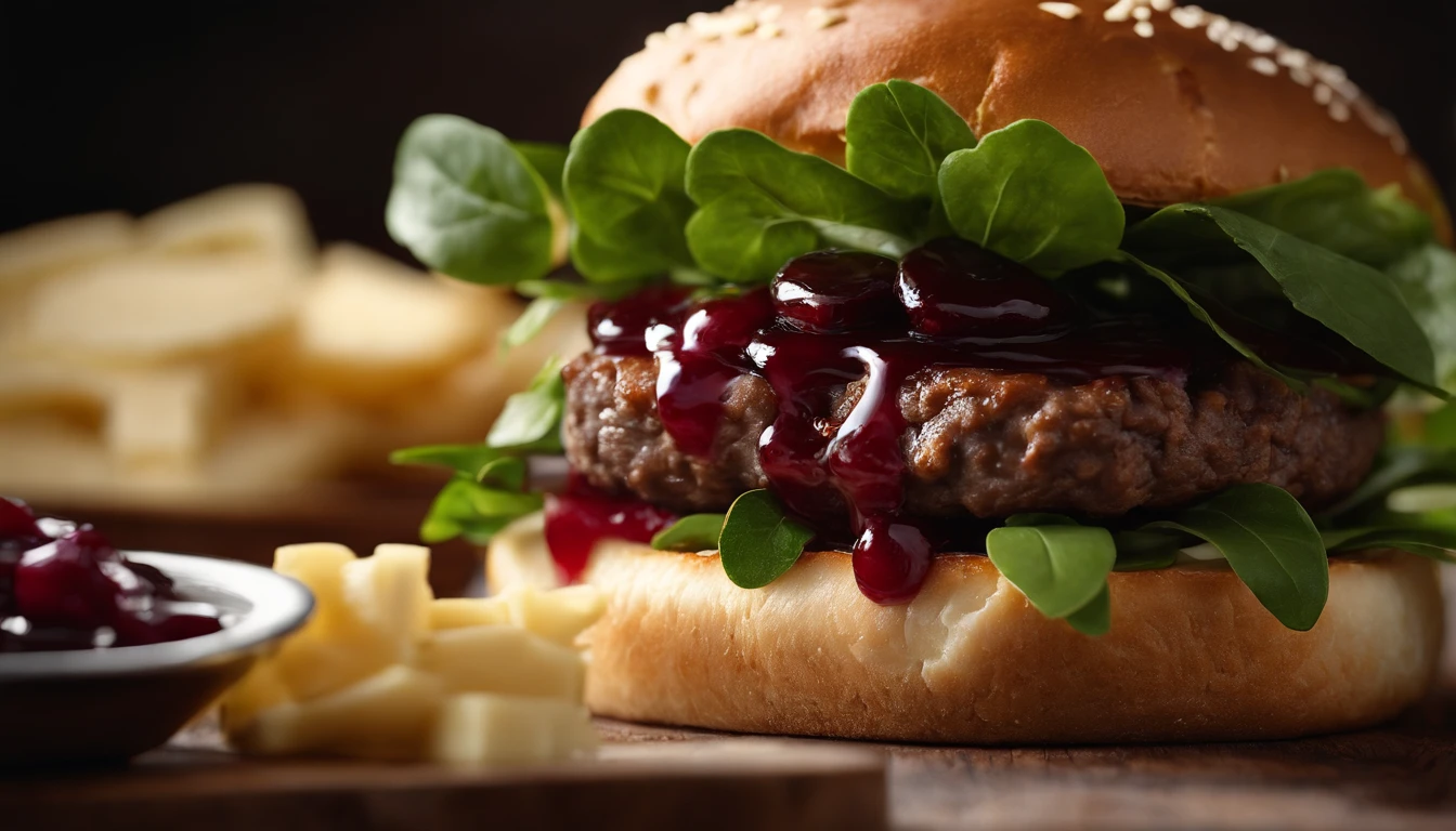 A realistic photograph of a cheeseburger with a decadent slice of camembert cheese melting over a juicy venison patty, complemented by fresh watercress leaves, caramelized onion jam, tangy cranberry sauce, and a touch of horseradish mayo, all embraced by a toasted brioche bun