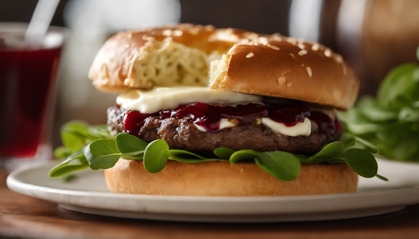 A realistic photograph of a cheeseburger with a decadent slice of camembert cheese melting over a juicy venison patty, complemented by fresh watercress leaves, caramelized onion jam, tangy cranberry sauce, and a touch of horseradish mayo, all embraced by a toasted brioche bun