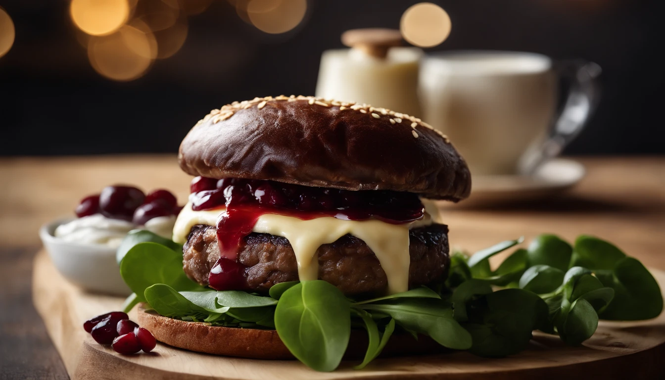A realistic photograph of a cheeseburger with a decadent slice of camembert cheese melting over a juicy venison patty, complemented by fresh watercress leaves, caramelized onion jam, tangy cranberry sauce, and a touch of horseradish mayo, all embraced by a toasted brioche bun