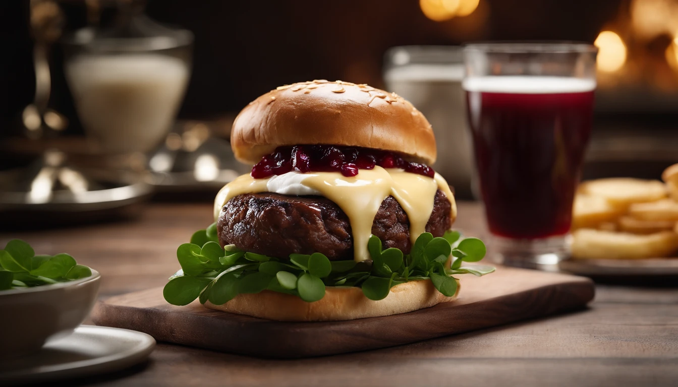 A realistic photograph of a cheeseburger with a decadent slice of camembert cheese melting over a juicy venison patty, complemented by fresh watercress leaves, caramelized onion jam, tangy cranberry sauce, and a touch of horseradish mayo, all embraced by a toasted brioche bun