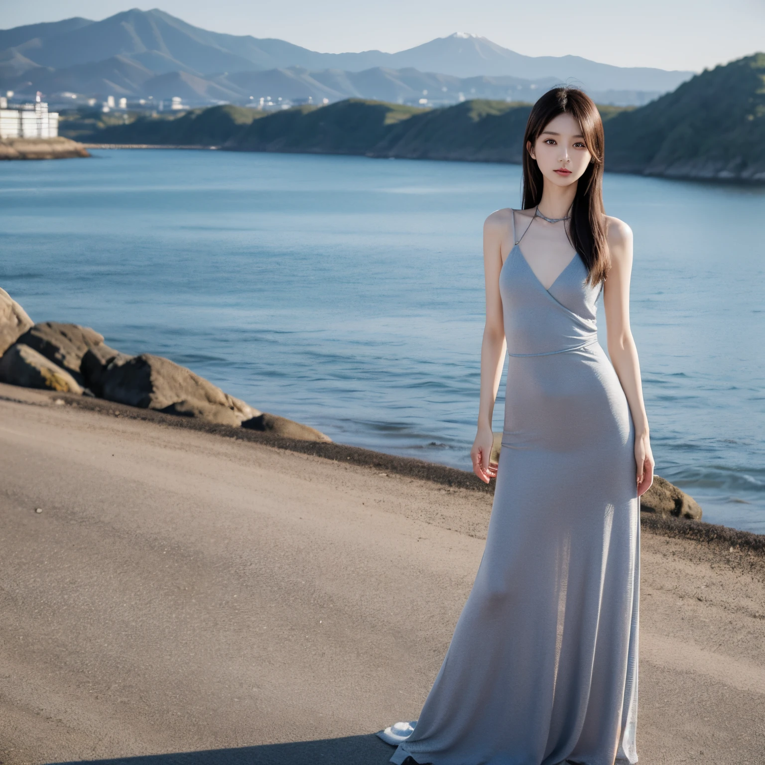 Japan female in her 30s、美丽的面容、Beautiful eyes、length hair、slender、tiny chest、Extremely thin waist、small hip、wearing a knitted dress、Standing on the shore with a view of the horizon。fully body photo。Ultra Definition Images
