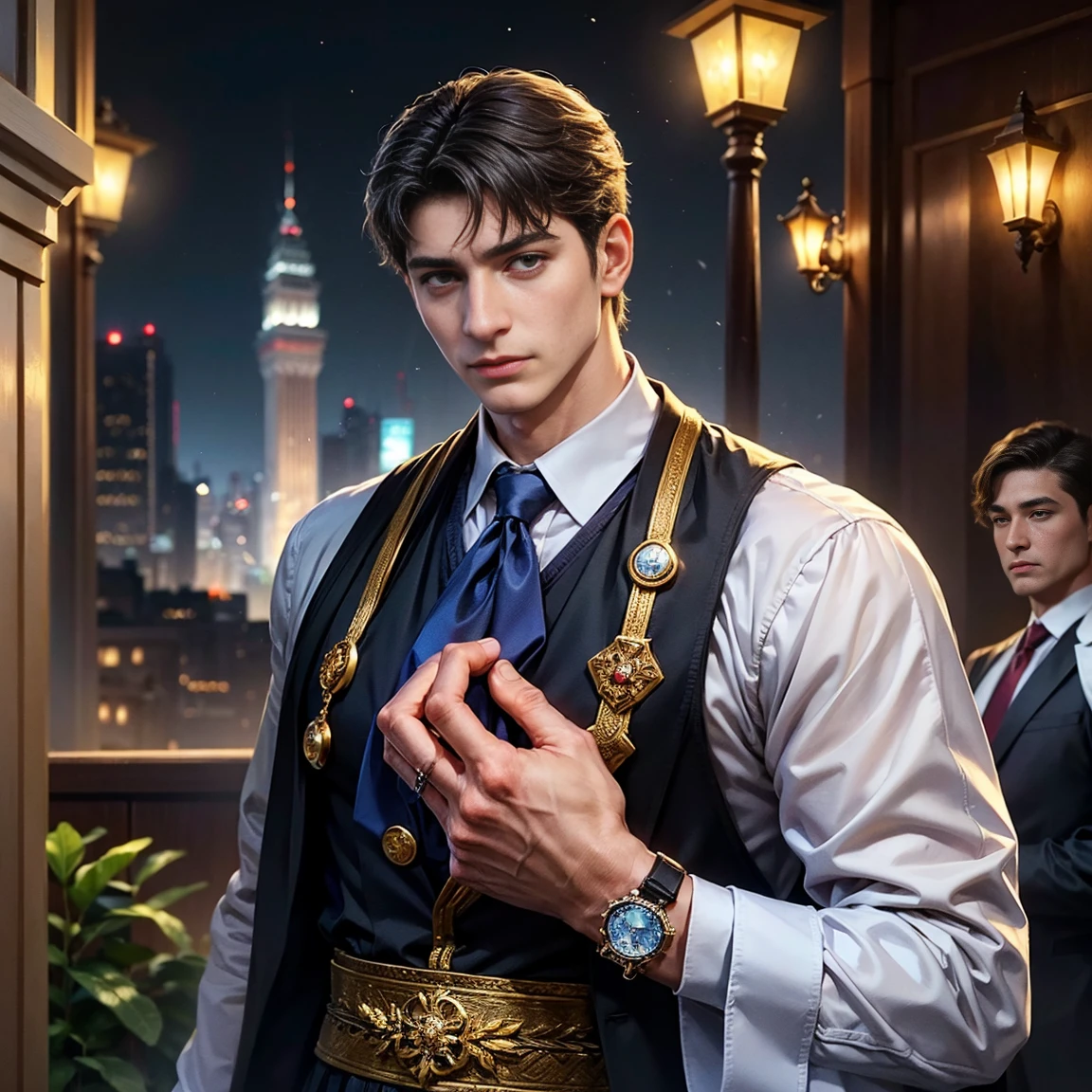 Roman Emperor Constantine the Great、A successful gem and jewelry watch business in the shining city of Istanbul.、He is known as a charismatic businessman of the new generation.。His lion-like gaze、In addition to attracting those around you、It makes you feel the strength hidden behind it.。 outwardly diligent and competent、He acts like a bright and refreshing young man.。On the other hand、There is a friendly yet dangerous glint in his gaze.、His keen insight is like a lion finding its prey.、Understand the behind-the-scenes strategies of your business。 his family life、Filled with happy times with my adorable wife。Although he is elegant、Cherish your wife who knows nothing、truth、faithful、as a kind husband、building a family。His bright and sharp eyes、love for family and、It shows the decision-making power that lies ahead.。 however、in the business world、He shows a cold and tough side.。If necessary、Fight mercilessly against traitors and rivals、We will do whatever it takes to protect our own success.。With his ruthless decisiveness and strong leadership,、his business is stable、is growing。 Constantine the Great、While having the charm of a modern romance hero、He is a great leader who achieved historical achievements.。​masterpiece。ultra-quality。The ultra -The high-definition。Super beautiful。God's work。