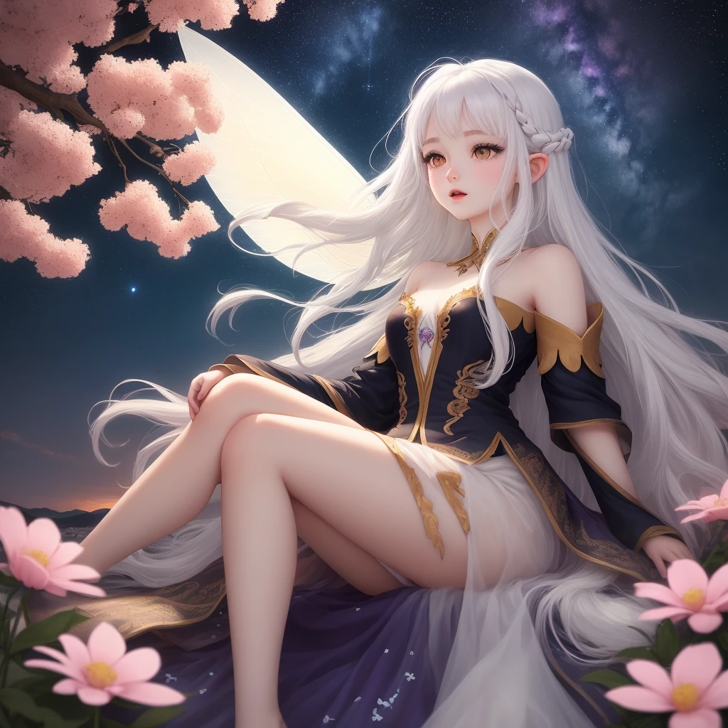 white  hair　well-styled　White-eyed　Beautiful limbs　long hair　Like a fairy　Deities々Right　God　Surrounded by flowers　Beautiful night sky