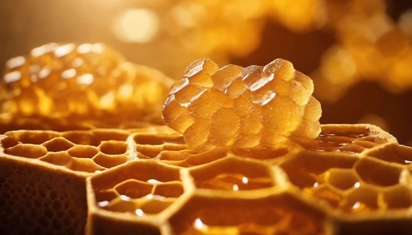 A high-resolution image of a close-up shot of a honeycomb with intricate hexagonal cells filled with golden honey, creating a visually rich and delicious scene.