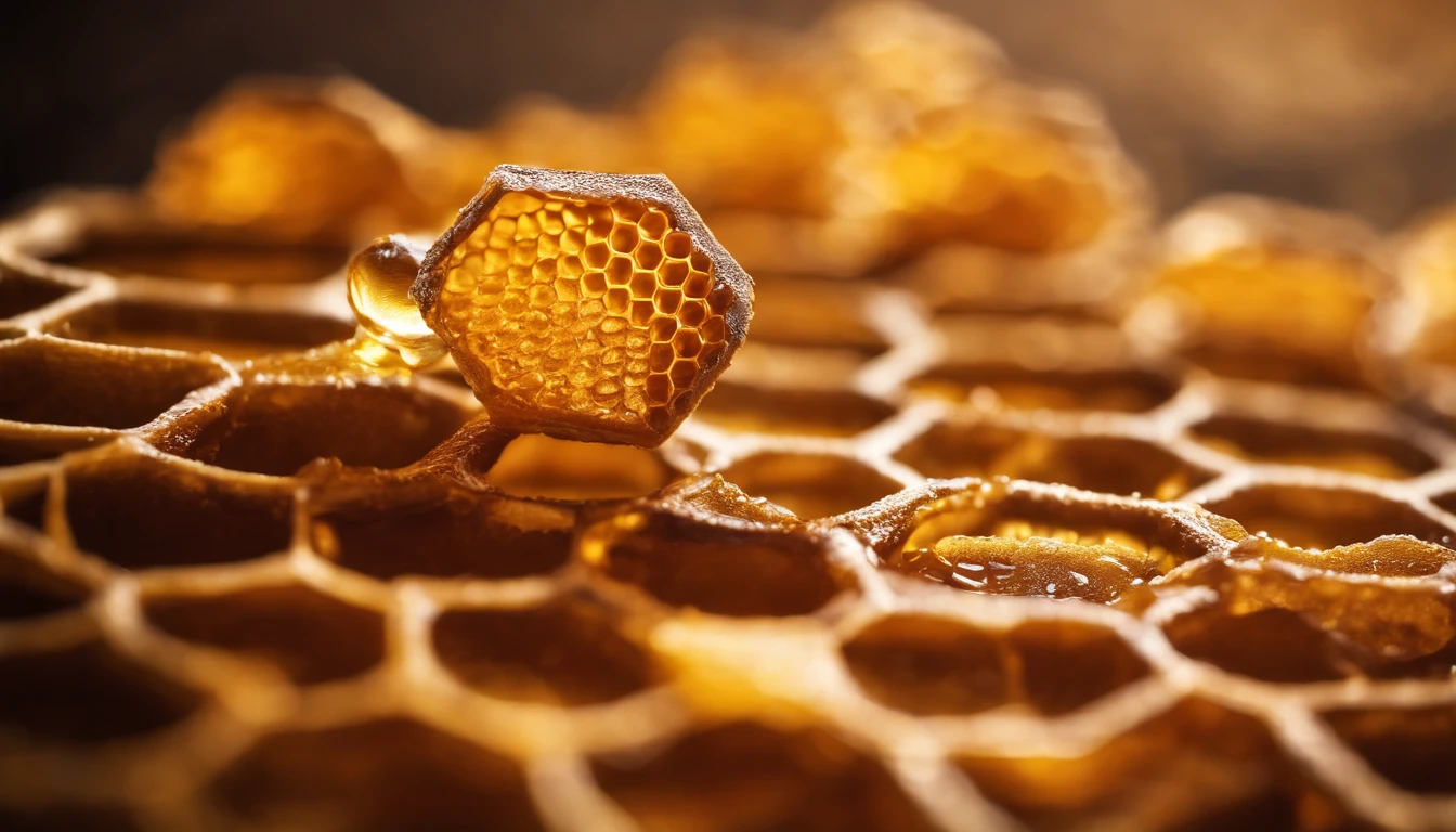 A high-resolution image of a close-up shot of a honeycomb with intricate hexagonal cells filled with golden honey, creating a visually rich and delicious scene.