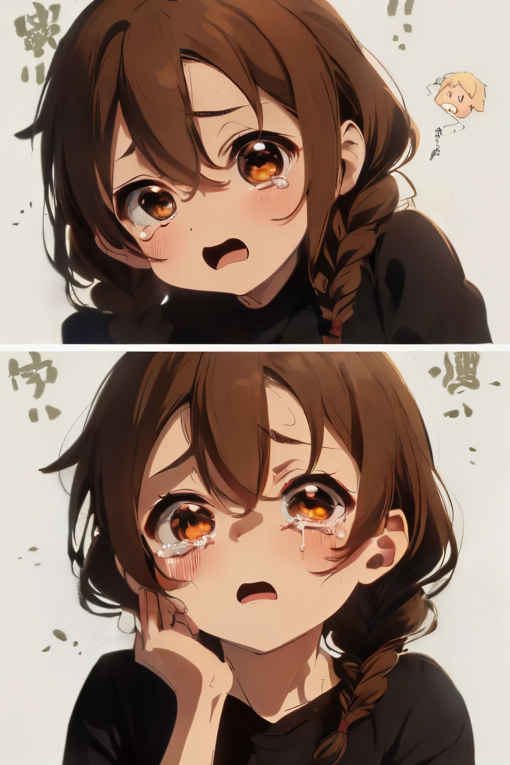 ((Character 1)),fluffy hair,brown haired,((Braiding,Braids,Odango Hair)),Slightly red tide,((Brown eyes)),(Mini),((Chibichara)),Crying face,((looks like him'i'i'I'm panicking and flapping my hands)),