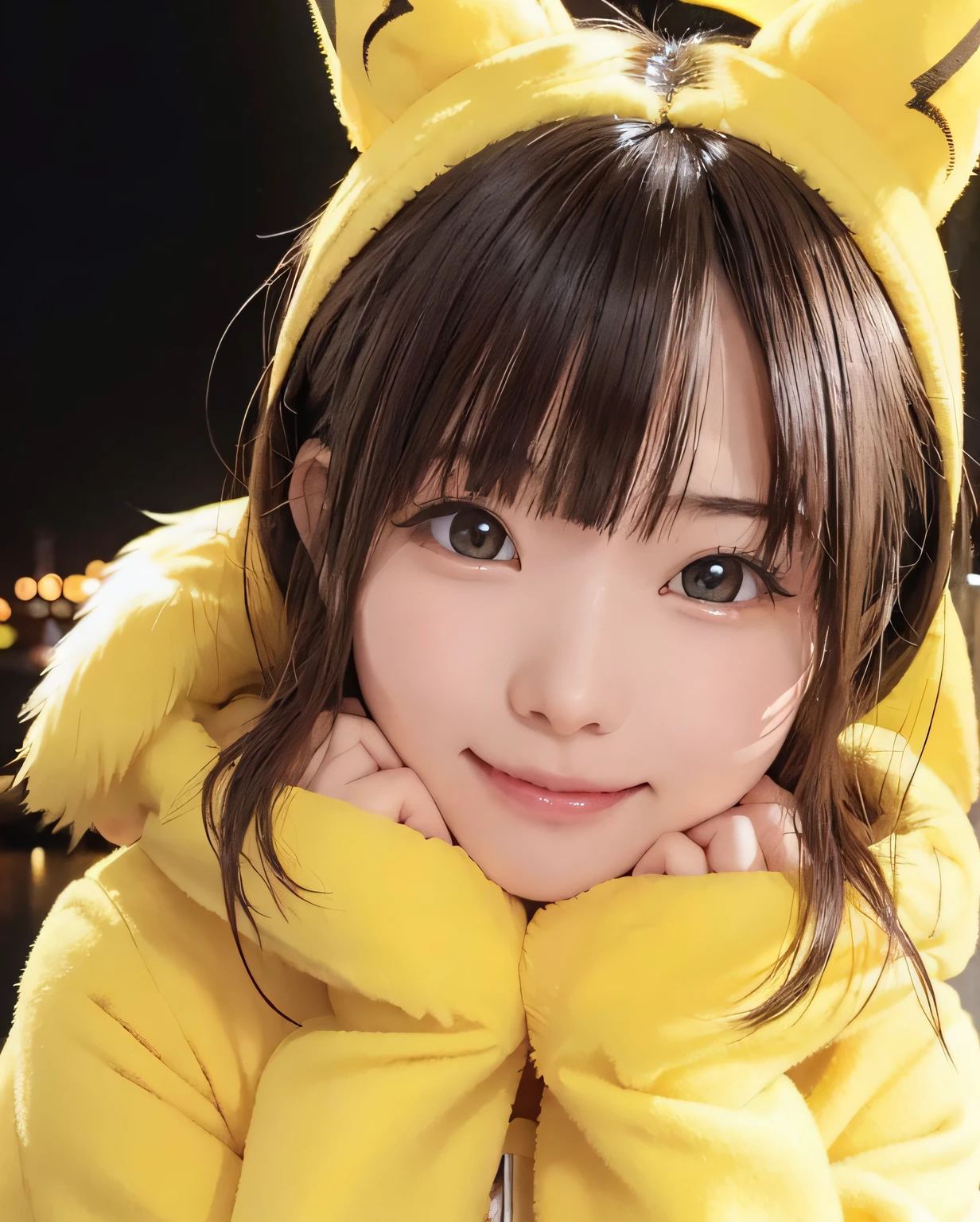 20yr old, kawaii,Adorable, Face Focus , japanaese girl, Low contrast, (Smile:0.8), Best Quality, 超A high resolution, photographrealistic, ultra-detailliert, 8K, Raw photo, masuter piece、 kawaii,Adorable, Face Focus , Pikachu Costume,(yellow fur coat)、(Yellow lightning on a dark background:1.5)、 japanaese girl, Low contrast, Smile, Best Quality, 超A high resolution, photographrealistic, ultra-detailliert, 8K, Raw photo, masuter piece、(Pikachu)、pikachu ear hair band、(((a blond)))