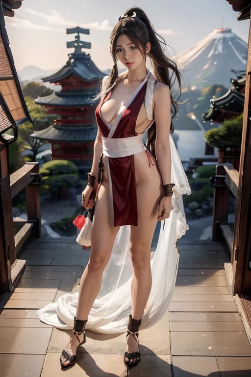 mai shiranui, Brown eyes, (Full body portrait:1.4), Full body, (skinny), Prestige, Long hair, Brown hair, White ribbon, Sleeveless, poneyTail, sash, pelvis curtain, arm guards, mitts, (tabi:1.4), fascinated expression, Sexy eyes, medium breasts, Smile, Cute, view the viewer, Long hair, Close to Japan temple, (breasts focus:1.2), (Realistic:1.2), (Full Shot: 1.2), (Realism), (masutepiece:1.2), (Best Quality), (ultra-detailliert), (8K, 4K, Convoluted), (85 mm), light Particle, Lighting, (Highly detailed:1.2), (Detailed face:1.2), (gradients), SFV, Colorful, (Detailed eyes:1.2), (Detailed temples of Japan: 1.2),(Detailed background), (Dynamic Angle:1.2), (Dynamic Pose:1.2), (Line of action:1.2), Wide Shot, Daylight, Solo.