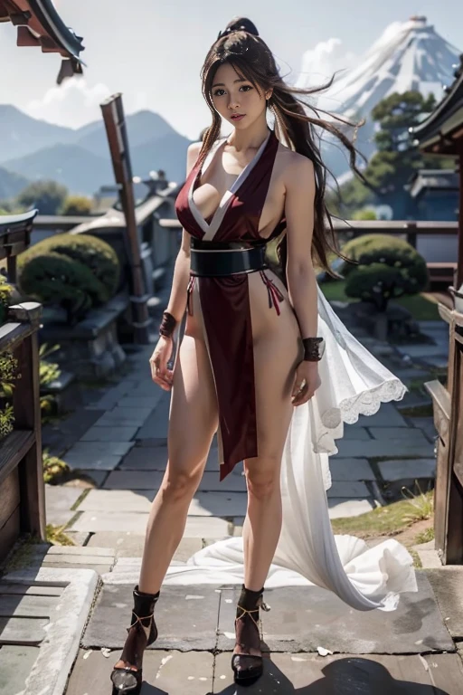 mai shiranui, Brown eyes, (Full body portrait:1.4), Full body, (skinny), Prestige, Long hair, Brown hair, White ribbon, Sleeveless, poneyTail, sash, pelvis curtain, arm guards, mitts, (tabi:1.4), fascinated expression, Sexy eyes, medium breasts, Smile, Cute, view the viewer, Long hair, Close to Japan temple, (breasts focus:1.2), (Realistic:1.2), (Full Shot: 1.2), (Realism), (masutepiece:1.2), (Best Quality), (ultra-detailliert), (8K, 4K, Convoluted), (85 mm), light Particle, Lighting, (Highly detailed:1.2), (Detailed face:1.2), (gradients), SFV, Colorful, (Detailed eyes:1.2), (Detailed temples of Japan: 1.2),(Detailed background), (Dynamic Angle:1.2), (Dynamic Pose:1.2), (Line of action:1.2), Wide Shot, Daylight, Solo.