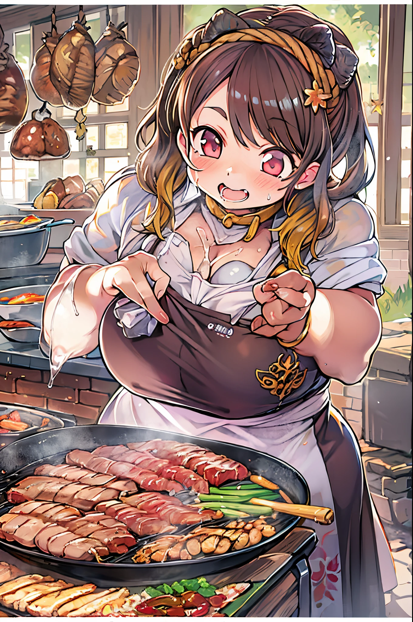 WRC style, Woman, lewd pose, The appearance of a seductive appearance, Apron, kitchin, medieval setting、bbw、grill yakiniku、Grilling meat、Flesh