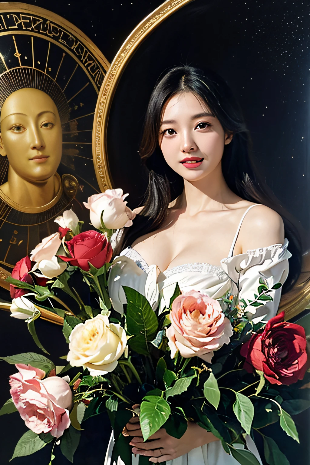 12 zodiac signs,quantum mechanics、Math、Astronomical machinery、astronault、Roses in a vase、fruits、,Colossal tits,A smile、Ancient Greek costumes、Paintings by Sandro Botticelli。Costume with stretched shoulders,huge smile,Chiaroscuro of Caravaggio,Cute smile, Expression of ecstasy,A sexy