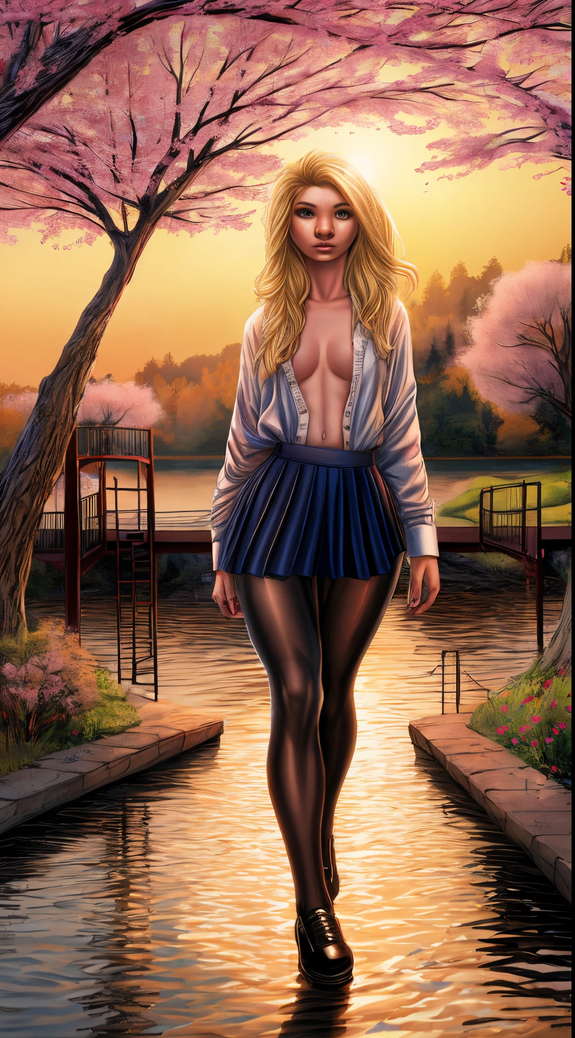 -teen, Latina, be, long hair, small breasts, big eyes, long legs, open shirt, pleated skirt, (pantyhose 1.24), red shoes, playground background, crossing a wooden bridge in the lake, trees, cherry blossom, sunrise, light through fabric, (realistic, photorealistic: 1.37), specular light, volumetric light, ray tracing, HDR10