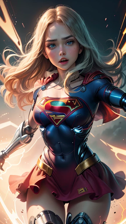 (best quality, master part, absurdos)), 1girl(Supergirl),20 anos, corpo definido, expressivos e olhos azuis, Seios enormes, usando uma capa vermelha, nu, peito enorme, quadris largos, arm prosthesis, paternal prosthesis