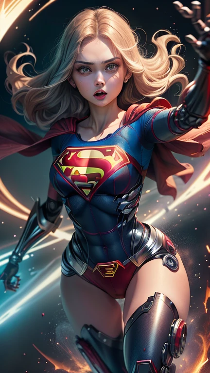 (best quality, master part, absurdos)), 1girl(Supergirl),20 anos, corpo definido, expressivos e olhos azuis, Seios enormes, usando uma capa vermelha, nu, peito enorme, quadris largos, arm prosthesis, paternal prosthesis