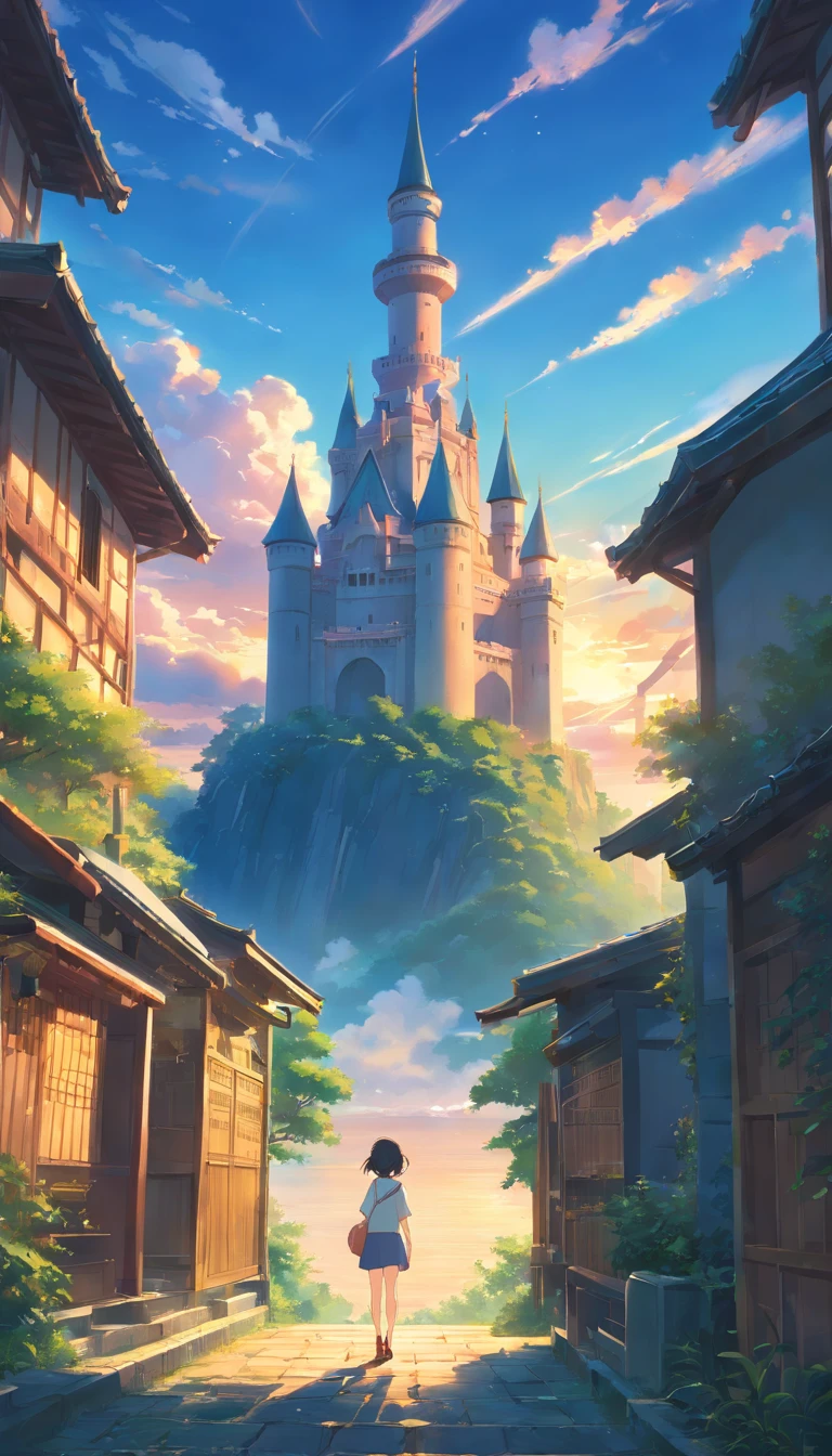 Ancient castle floating in the sky,No Human, No one,clouds,Looking up from the valley,bright,vale,cheerful,Warm and soft lighting,the sunset,(spark of light:0.7), tmasterpiece,Best quality,cinematic Film still from,