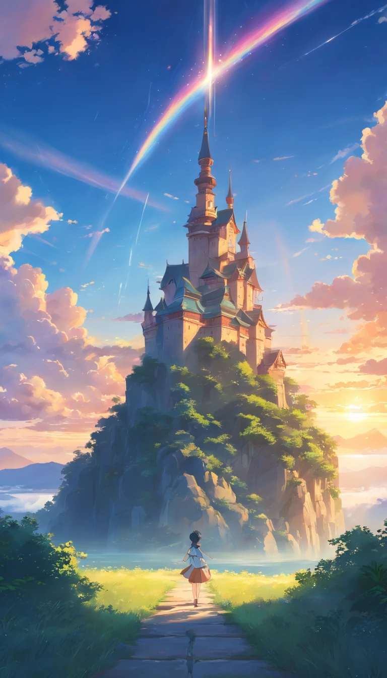 Ancient castle floating in the sky,No Human, No one,clouds,Looking up from the valley,bright,vale,cheerful,Warm and soft lighting,the sunset,(spark of light:0.7), tmasterpiece,Best quality,cinematic Film still from,