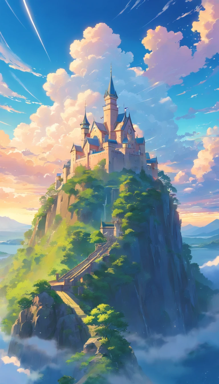 Ancient castle floating in the sky,No Human, No one,clouds,Looking up from the valley,bright,vale,cheerful,Warm and soft lighting,the sunset,(spark of light:0.7), tmasterpiece,Best quality,cinematic Film still from,