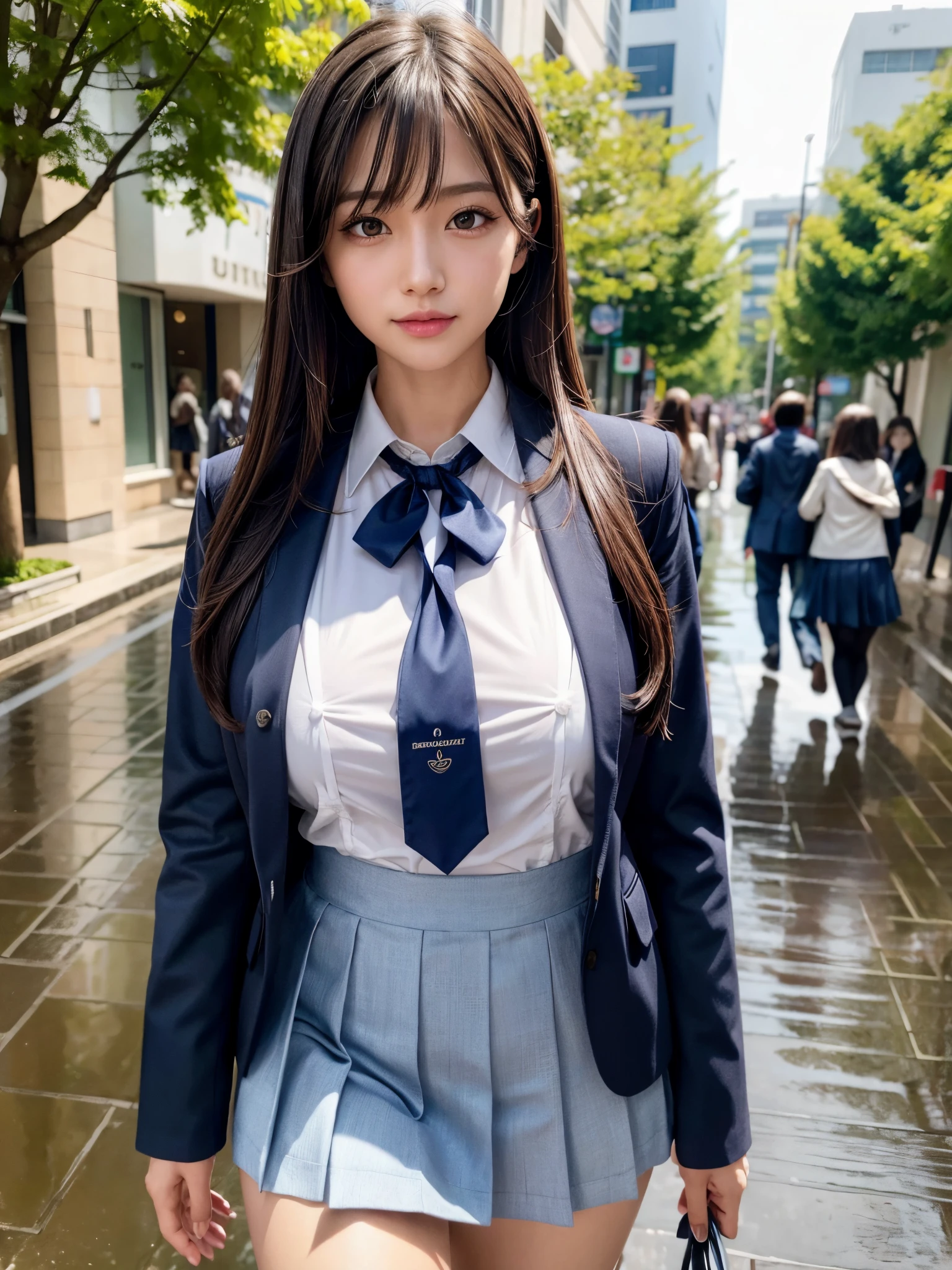 8k, highest quality, real image, intricate details, Super detailed, ultra high resolution, depth field,(realistic,realistic:1.2), from the middle, 1 Japanese girl, very beautiful  girl, Big eyes, beautiful breasts:1.5、highly detailed eyes:1.2), (beautiful breasts:1.1), (small breasts:1.5), wavy hair、curly hair、bangs, perfect skin, Fair skin, huge hips, thick thighs, thick legs, cleavage, tight waist, light blush, alone, looking at the viewer, disgusted, ((School_uniform),(dark blue blazer), (white shirt、wear a tie), (gray pleated skirt), (sculpture installation :1.1)