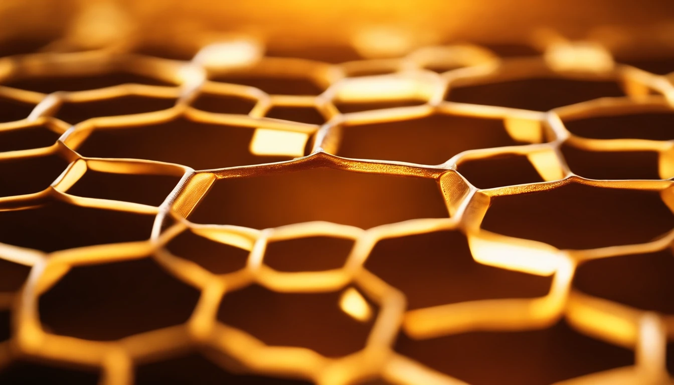 A visually stunning composition of a honeycomb pattern in rich shades of amber and gold, with light shining through the translucent cells, creating a visually warm and inviting atmosphere.