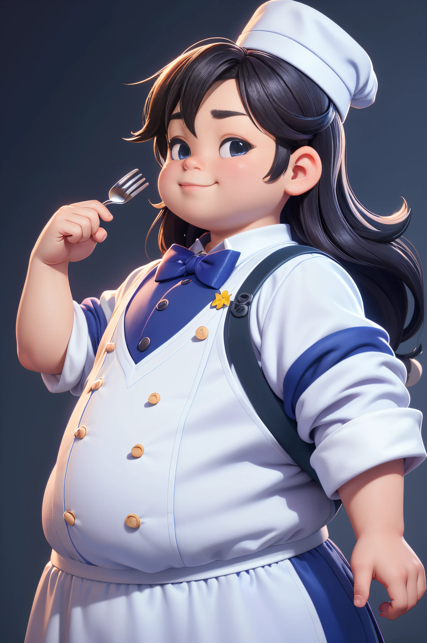 (Best quality at best,4K,8K,A high resolution,tmasterpiece:1.2),ultra - detailed,(actual,realistically,realistically:1.37)A happy little fat man。he is a chef。chef's hat。White chef outfit。blue bowtie。highly detailed character, Anime style 3D, algorithm animation, Rothko style, Cute and complex digital art, Highly detailed character design, Close-up of people, realistic anime 3D style, Children's Art Station