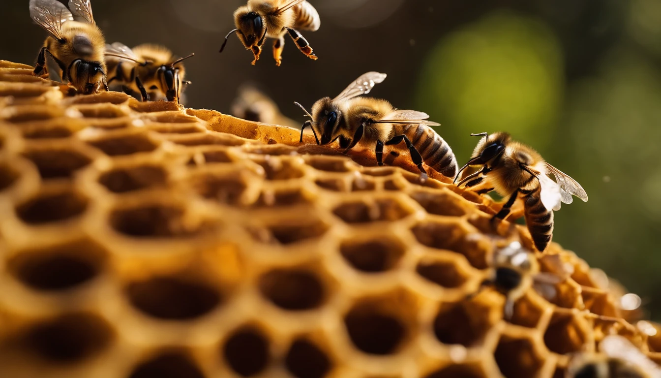 A close-up shot of a honeycomb with bees buzzing around, capturing the intricate details of the cells and showcasing the busy nature of a beehive, creating a visually dynamic and nature-inspired image.