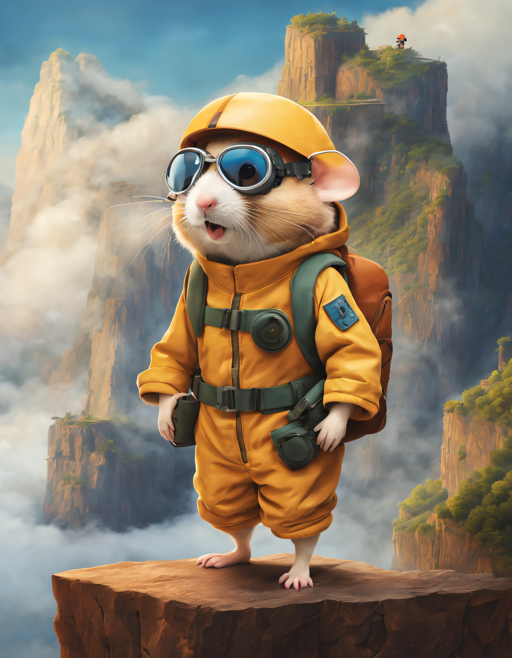 （Cute adventurer hamster standing on wooden plane），Wear flight suit and goggles，The expression of the ，Background with：Between two mist-shrouded cliffs，
pixar-style，Felicia Simien and Studio Ghibli-style minimalist photography，Produced by Pixar，Maximalism，fine art，negative space，Dark art，