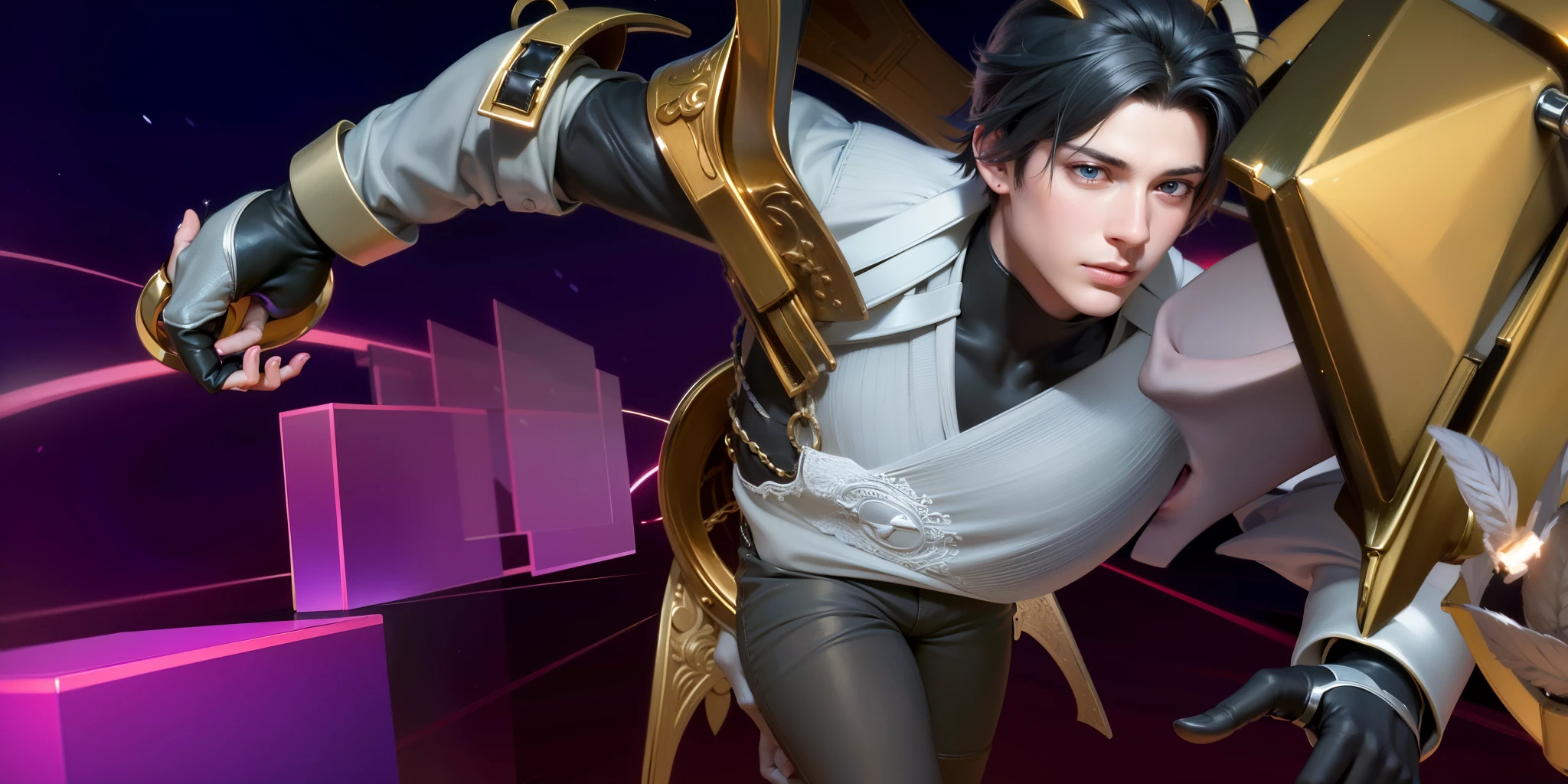masculine male, masterpiece, ((perfect eyes)) best quality, (semirealism:1.9), beautiful lighting, (extremely detailed CG unity 4k fhd wallpaper), High Detail, Sharp focus, dramatic outdoors, 1 boy ,19 years old, white hair, light purpel eyes, smile.