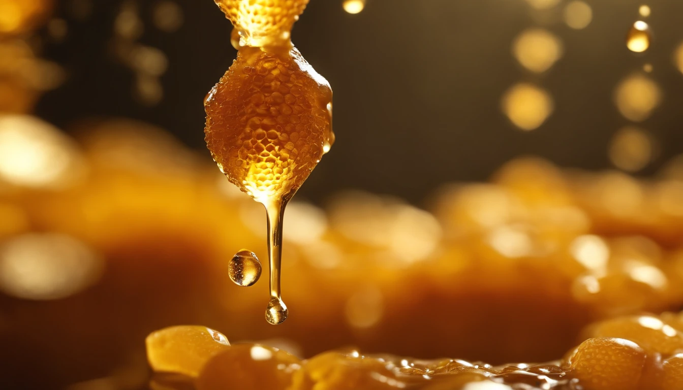 A high-resolution image of a honeycomb with drops of honey dripping from the cells, with sunlight glistening on the golden liquid, creating a visually tantalizing and mouthwatering scene.