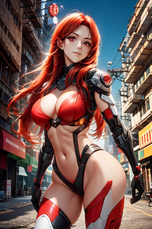 A red haired female cyborg with red eyes is standing in a burning city.