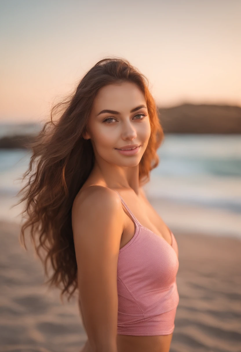 Arafed woman in tight pink bikini, Sexy girl with brown eyes, portrait sophie mudd, brown hair and large eyes, selfie of a young woman, sunny beach eyes, no makeup, natural makeup, looking straight at camera, face with artgram, fine makeup, Stunning full-length shot, Kneeling on the beach with tongue out