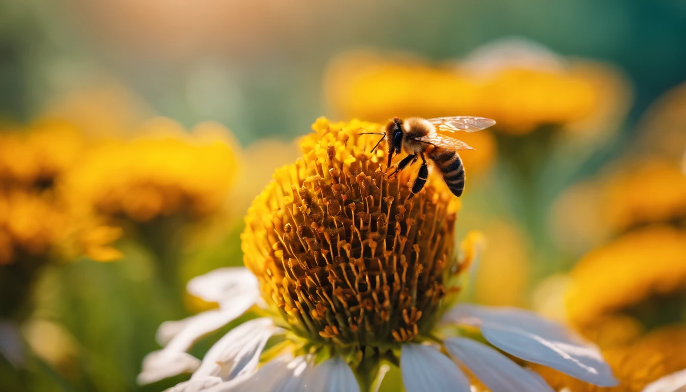 A high-resolution image of a honeycomb surrounded by flowers and bees, with vibrant colors and a lively atmosphere, creating a visually vibrant and nature-filled scene.