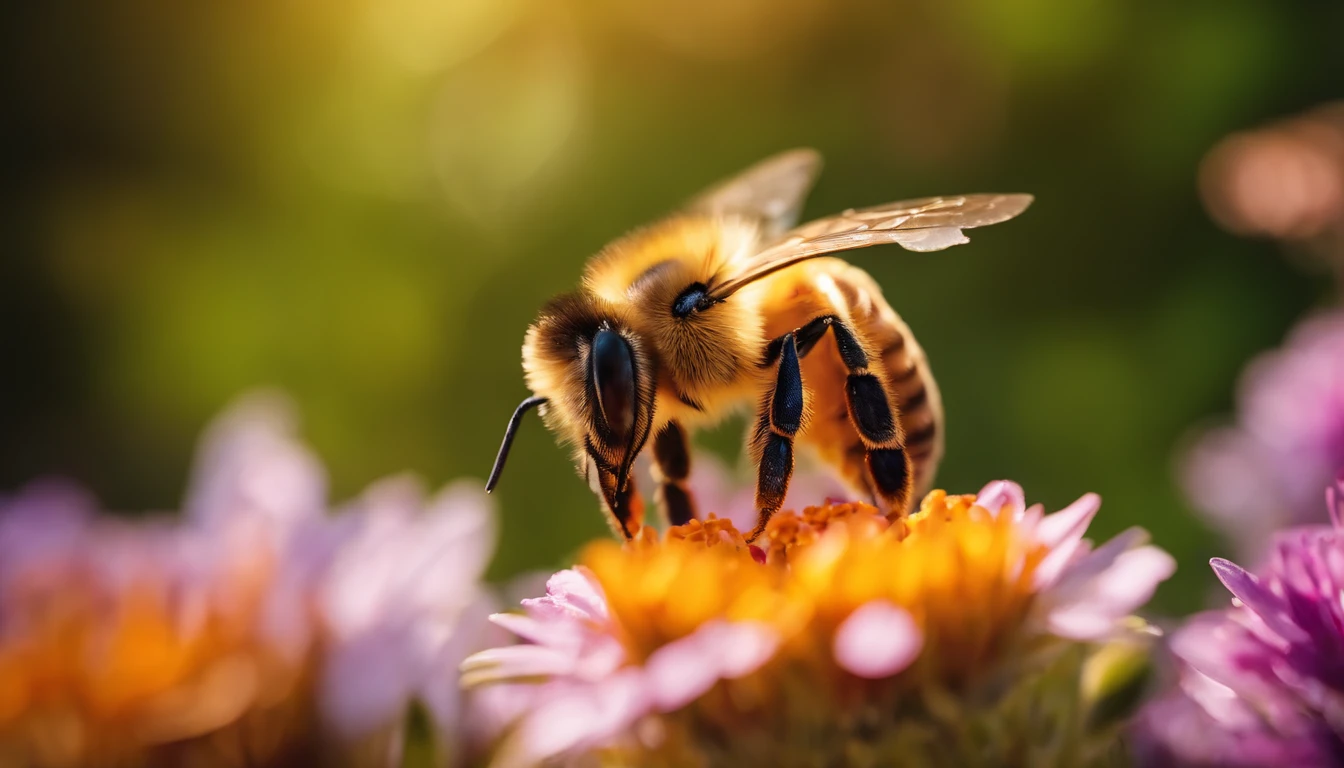 A high-resolution image of a honeycomb surrounded by flowers and bees, with vibrant colors and a lively atmosphere, creating a visually vibrant and nature-filled scene.