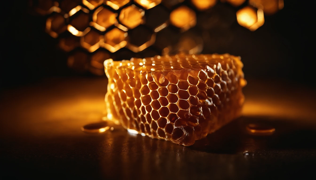 A visually stunning composition of a honeycomb against a dark background, with the cells illuminated and the honey glowing, creating a visually dramatic and mysterious atmosphere.