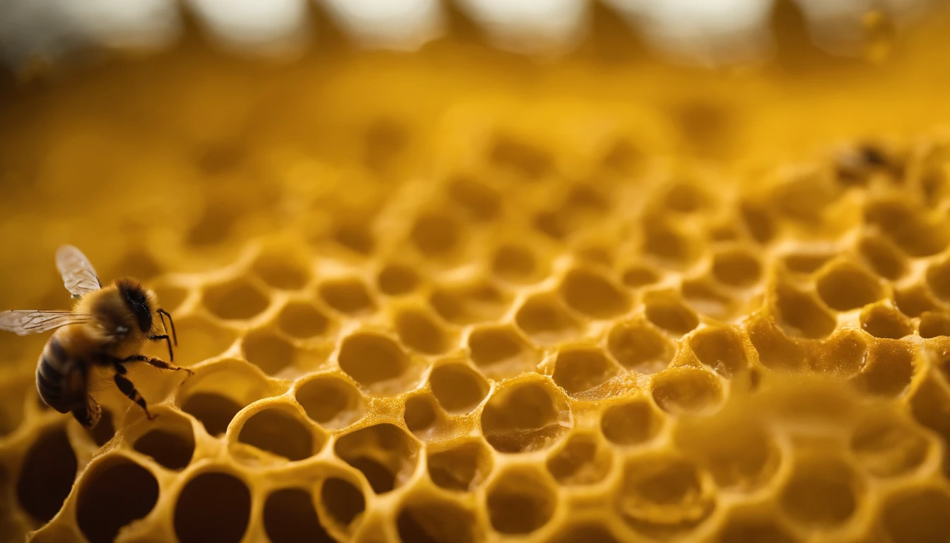 A close-up shot of a honeycomb with pollen grains scattered on the cells, showcasing the role of bees in pollination and the creation of honey, creating a visually informative and nature-focused image.