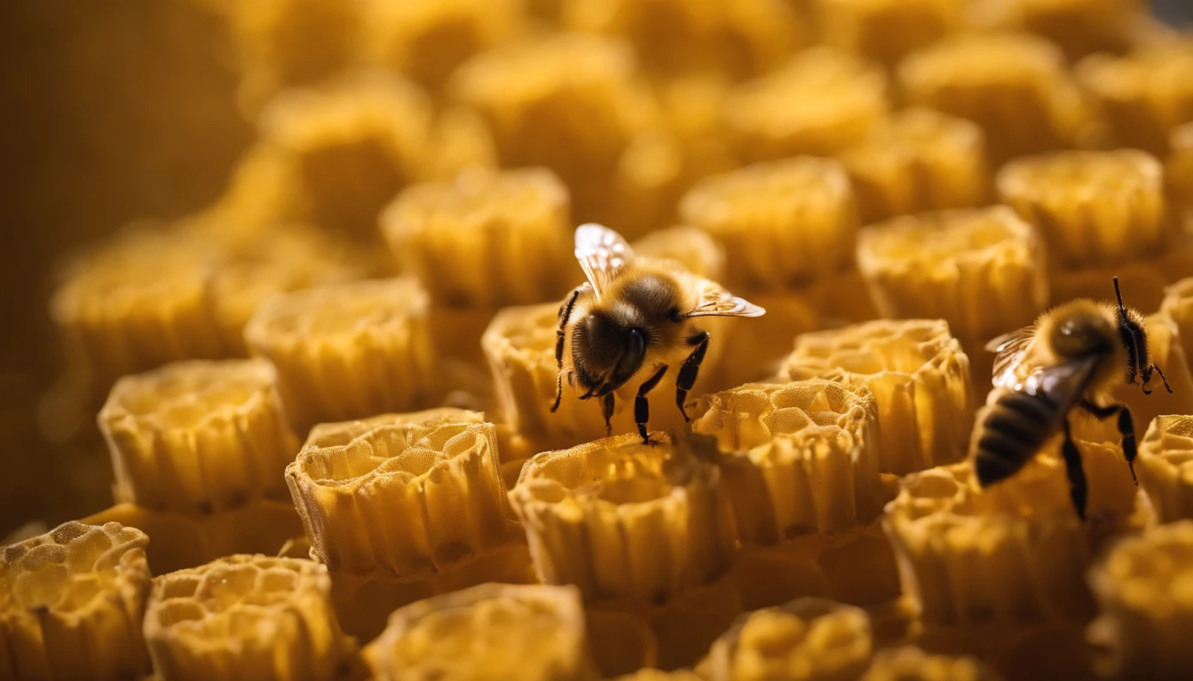 A close-up shot of a honeycomb with pollen grains scattered on the cells, showcasing the role of bees in pollination and the creation of honey, creating a visually informative and nature-focused image.