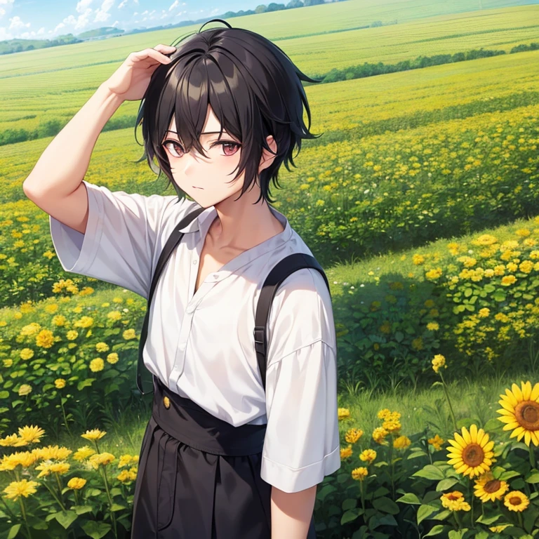 a farmer anime boy with black hair