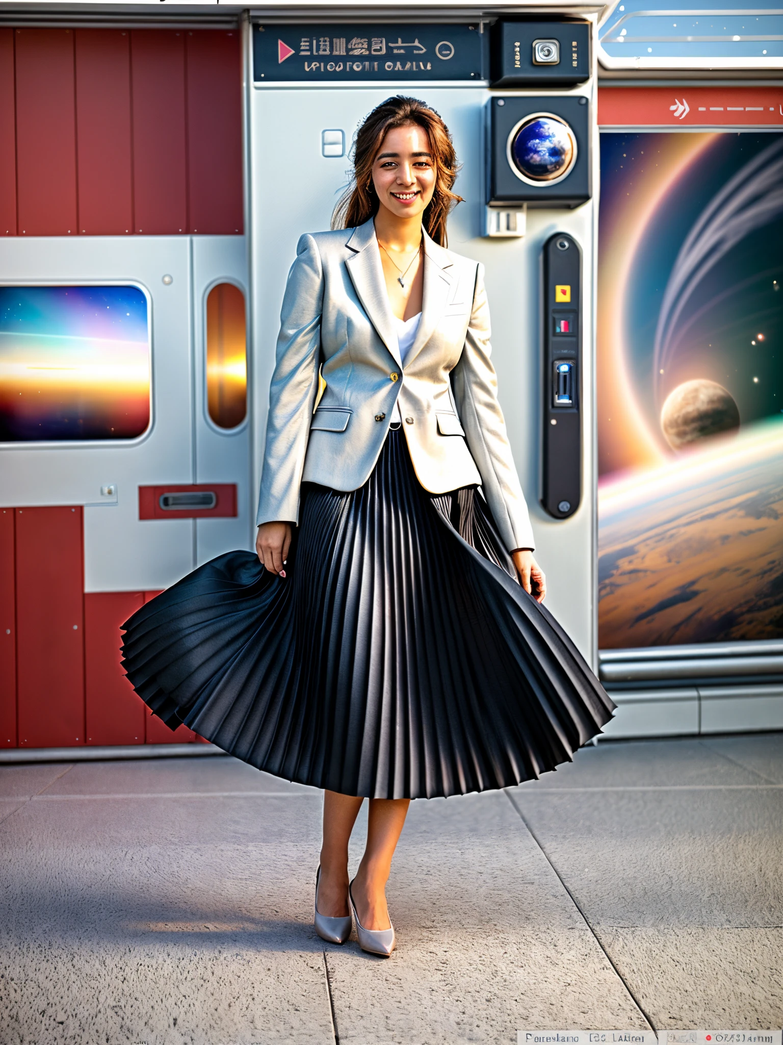 (shy:1,3) smiling woman playing with skirt, dancing, wearing short blazer and very very detailed (long (fully pleated) full circle skirt) and (simple) low heeled office shoes, very very intricate hyper-detailed symmetric (attractive graceful young feminine face) with (sad, tired eyes and a shy smile), large breasts, full of empathy and compassion and love, (pronounced (feminine) features), (highly detailed ultra accurate realistic) hands and fingers, (windy conditions and wind blowing), epic composition, highly detailed attributes, highly detailed space station background, (35mm f1.4 Kodak portra 400 photograph), extremely high quality RAW photograph,