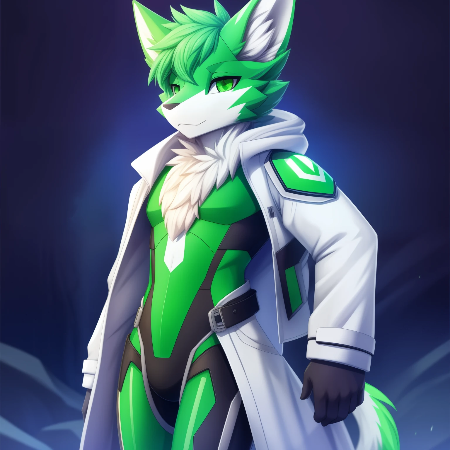 Protogens, Silver fur and green eyes, soft coat, body detailed, Stand up