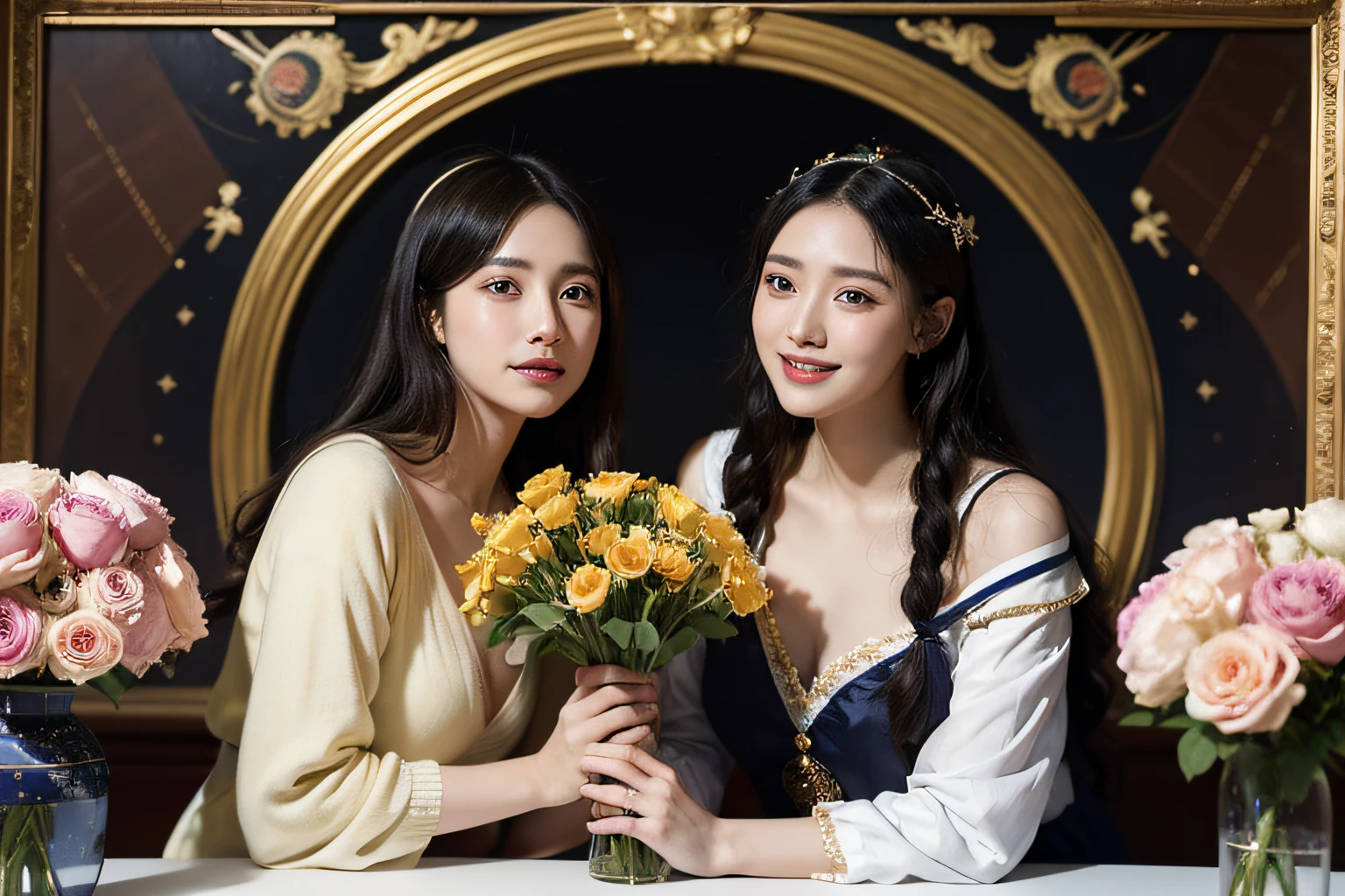 12 zodiac signs,quantum mechanics、Math、Astronomical machinery、astronault、Roses in a vase、fruits、,Colossal tits,A smile、Ancient Greek costumes、Paintings by Sandro Botticelli。Costume with stretched shoulders,huge smile,Chiaroscuro of Caravaggio,Cute smile, Expression of ecstasy,A sexy