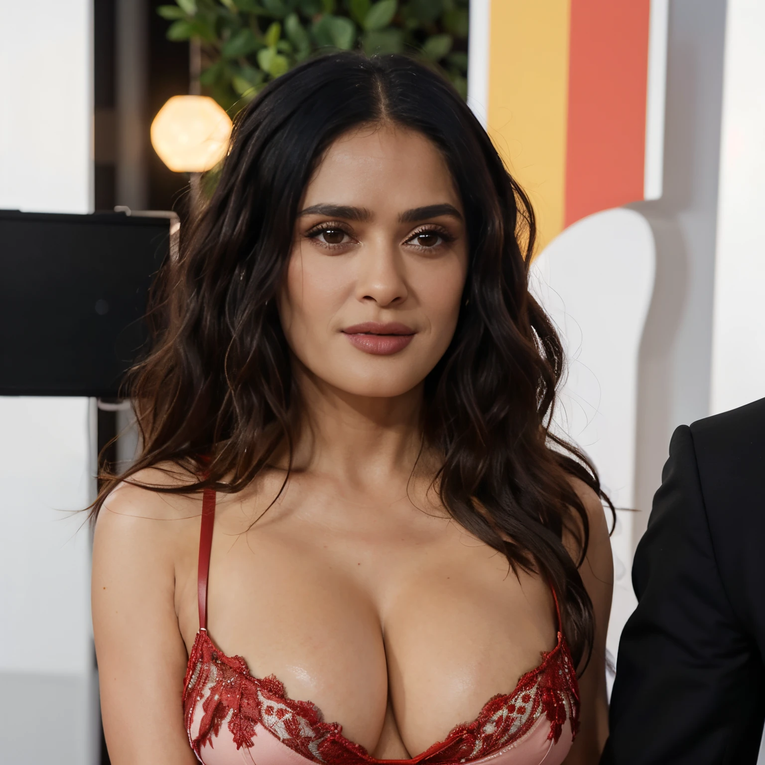 (masterpiece:1.2, Best Quality:1.2), 32K HDR, High resolution, Solo, 1girl in, (ultra-realistic portrait of Salma Hayek:1.1), (Black hair, Long hair, mexican actress, Mature Face, realistic 45 year old, Realistic nasolabial folds:1.1, fine lines:1.1), Sheer dress, purple dress, unzip the dress, gigantic cleavage breasts, (walking on red carpet:1.2, surrounded by media, reporters, press, paparazzi, camera man), Detailed eyes, Detailed skin texture,